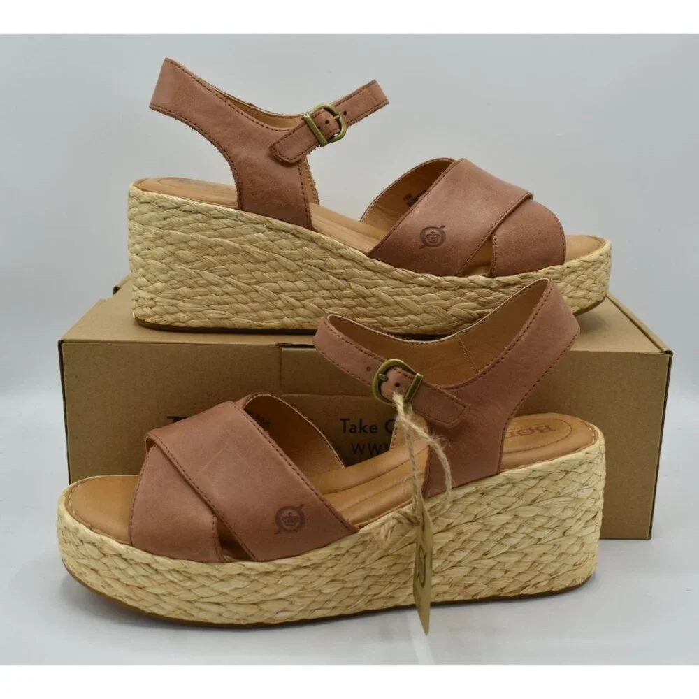 Born Womens Size 11 Moriah Brown Full Grain Leather Espadrille‎ Wedge Sandals